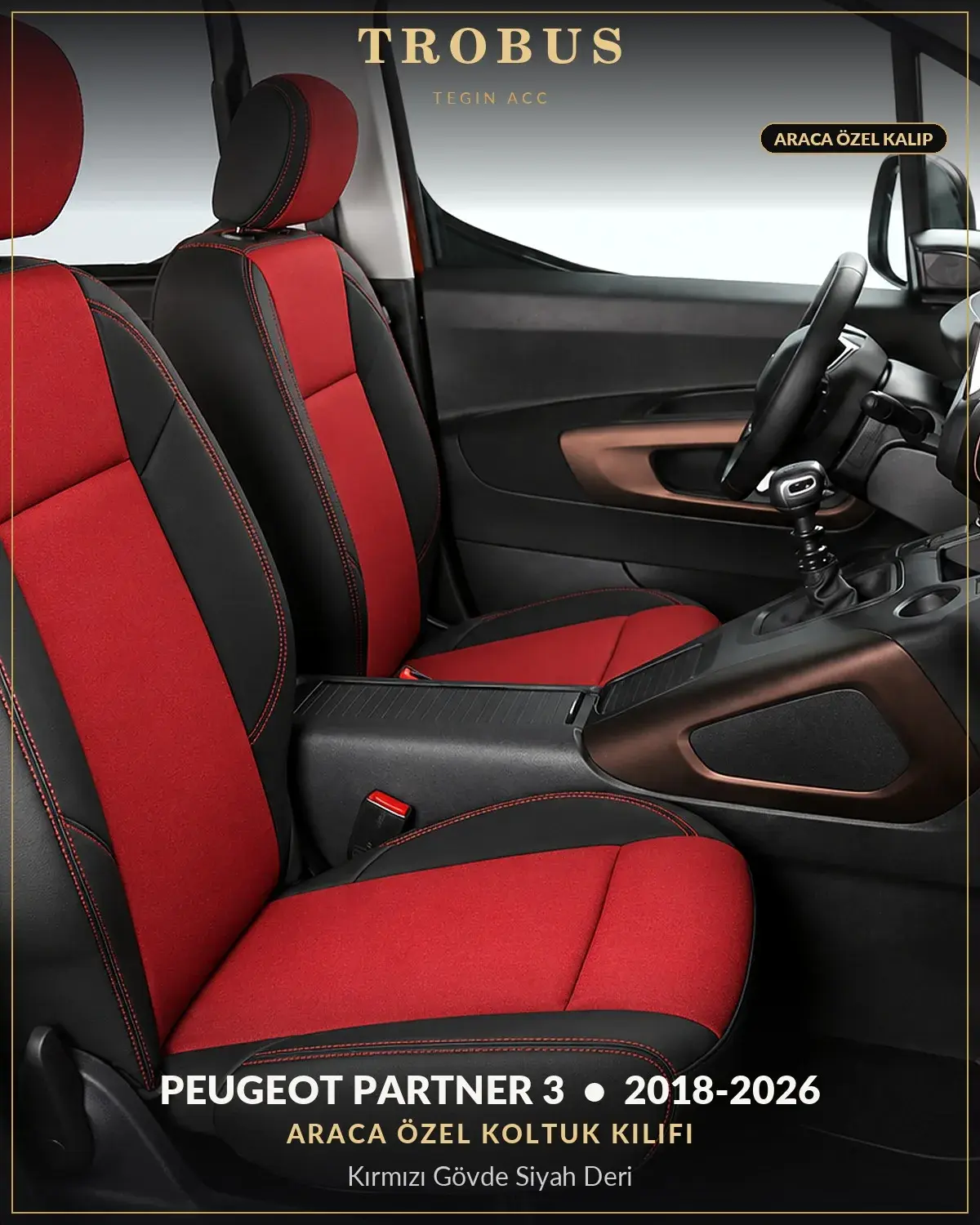 Peugeot Partner 3 2018-2026 Araca Özel Koltuk Kılıfı Kırmızı Gövde Siyah Deri (1)