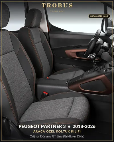 Peugeot Partner 3 2018-2026 Araca Özel Koltuk Kılıfı Orijinal Döşeme GT Line (Gri Bakır Dikiş)
