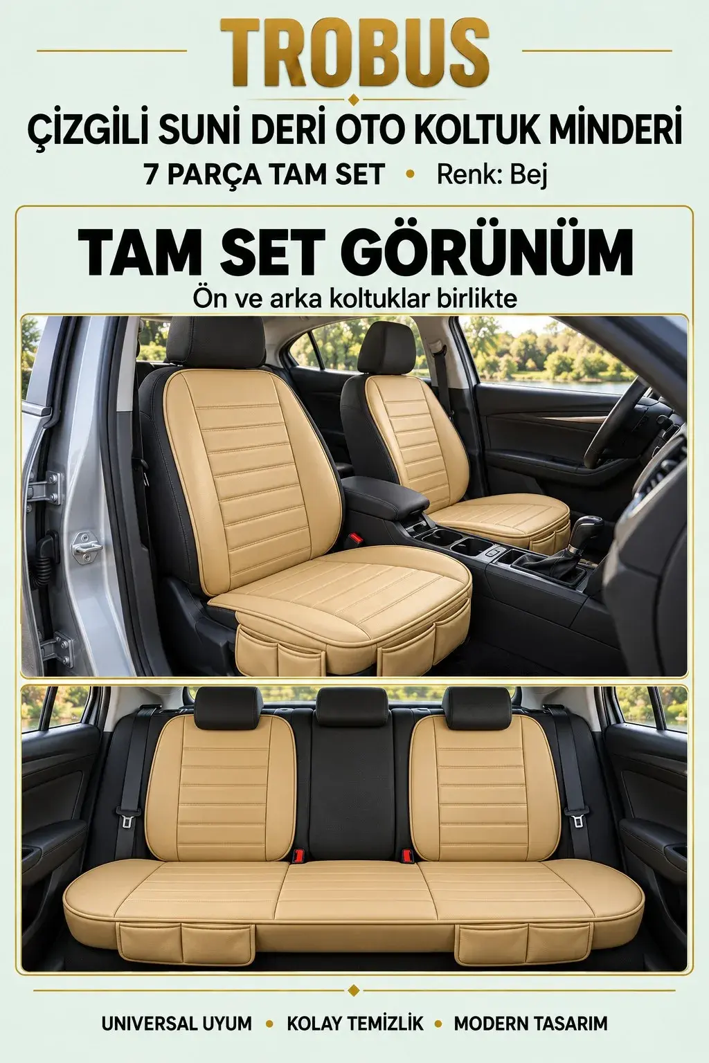 Üniversal Çizgili Suni Deri Su Geçirmez Oto Koltuk Minderi 7 Parça Tam Set Bej