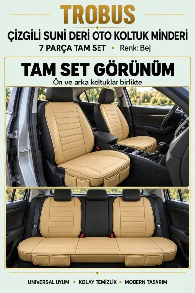 Üniversal Çizgili Suni Deri Su Geçirmez Oto Koltuk Minderi 7 Parça Tam Set Bej