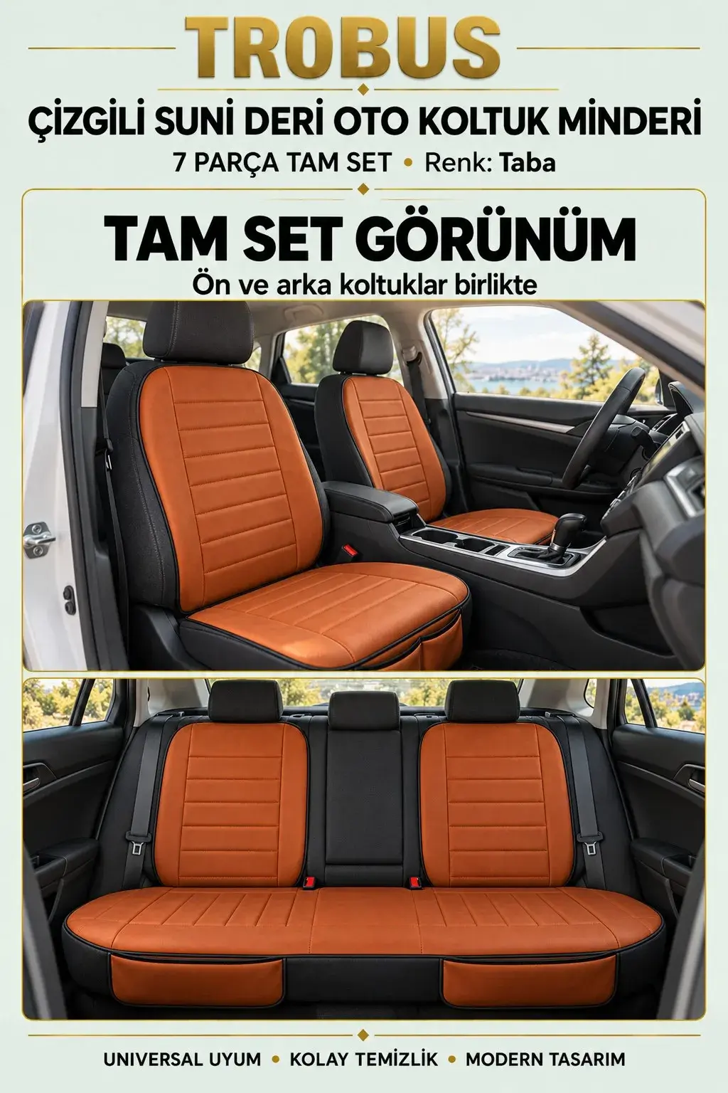 Üniversal Çizgili Suni Deri Su Geçirmez Oto Koltuk Minderi 7 Parça Tam Set Taba