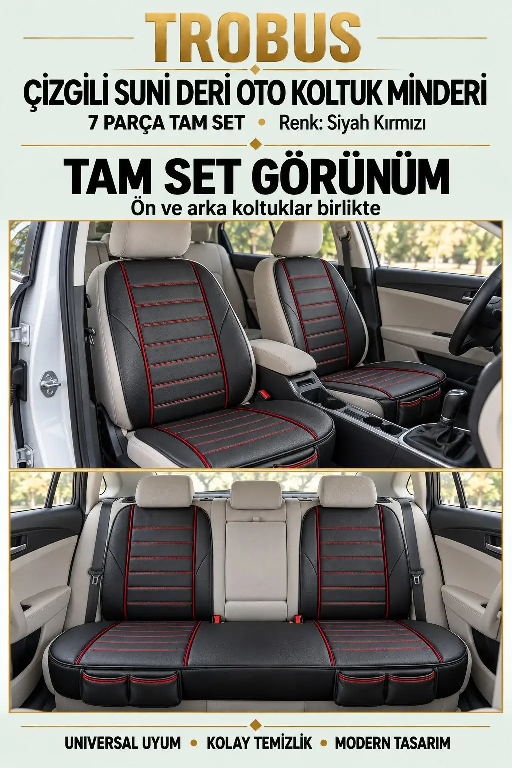 Üniversal Çizgili Suni Deri Su Geçirmez Oto Koltuk Minderi 7 Parça Tam Set Siyah Kırmızı