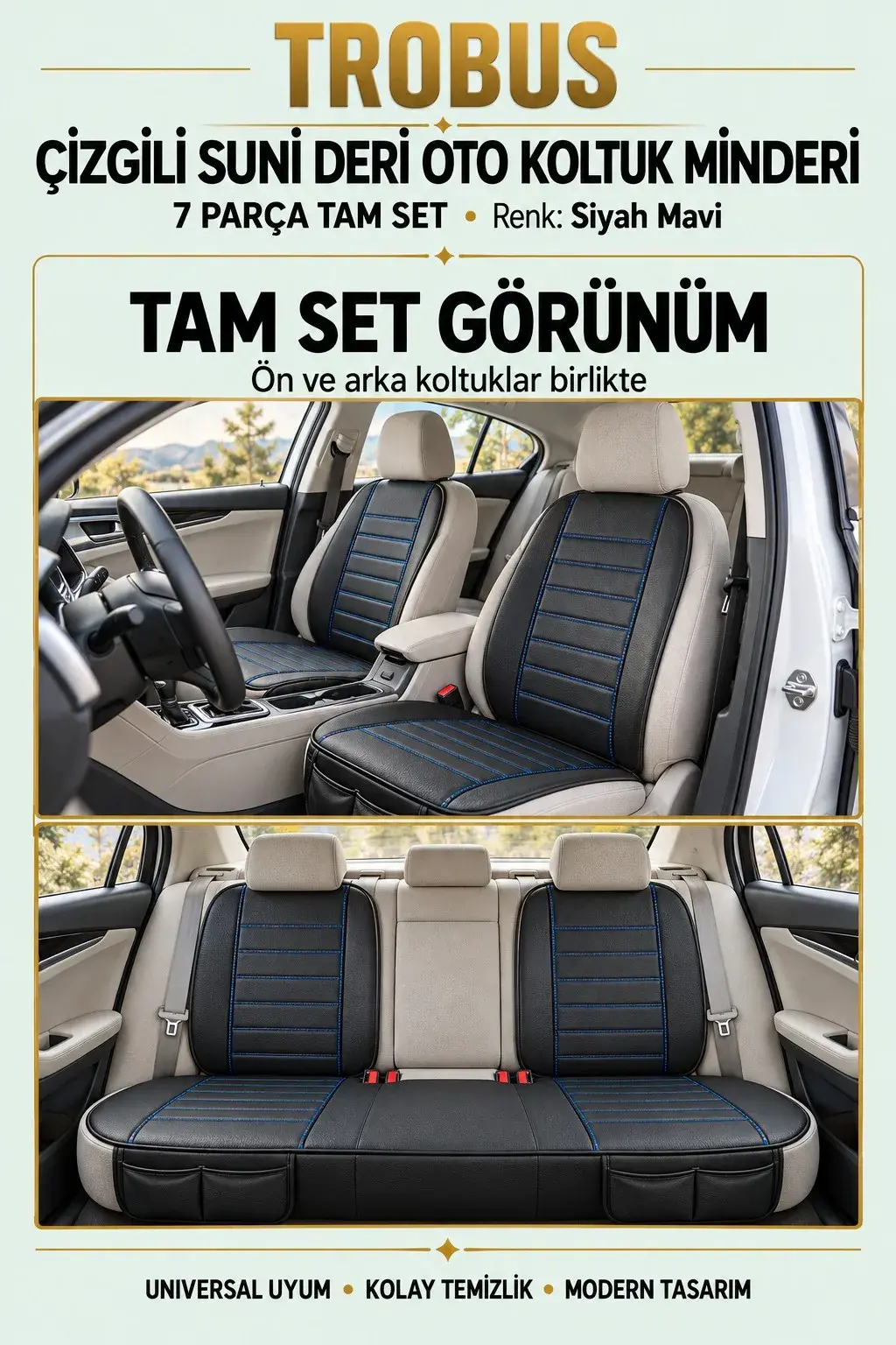 Üniversal Çizgili Suni Deri Su Geçirmez Oto Koltuk Minderi 7 Parça Tam Set Siyah Mavi