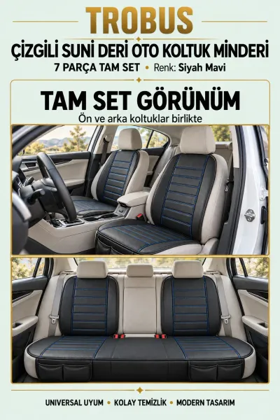 Üniversal Çizgili Suni Deri Su Geçirmez Oto Koltuk Minderi 7 Parça Tam Set Siyah Mavi