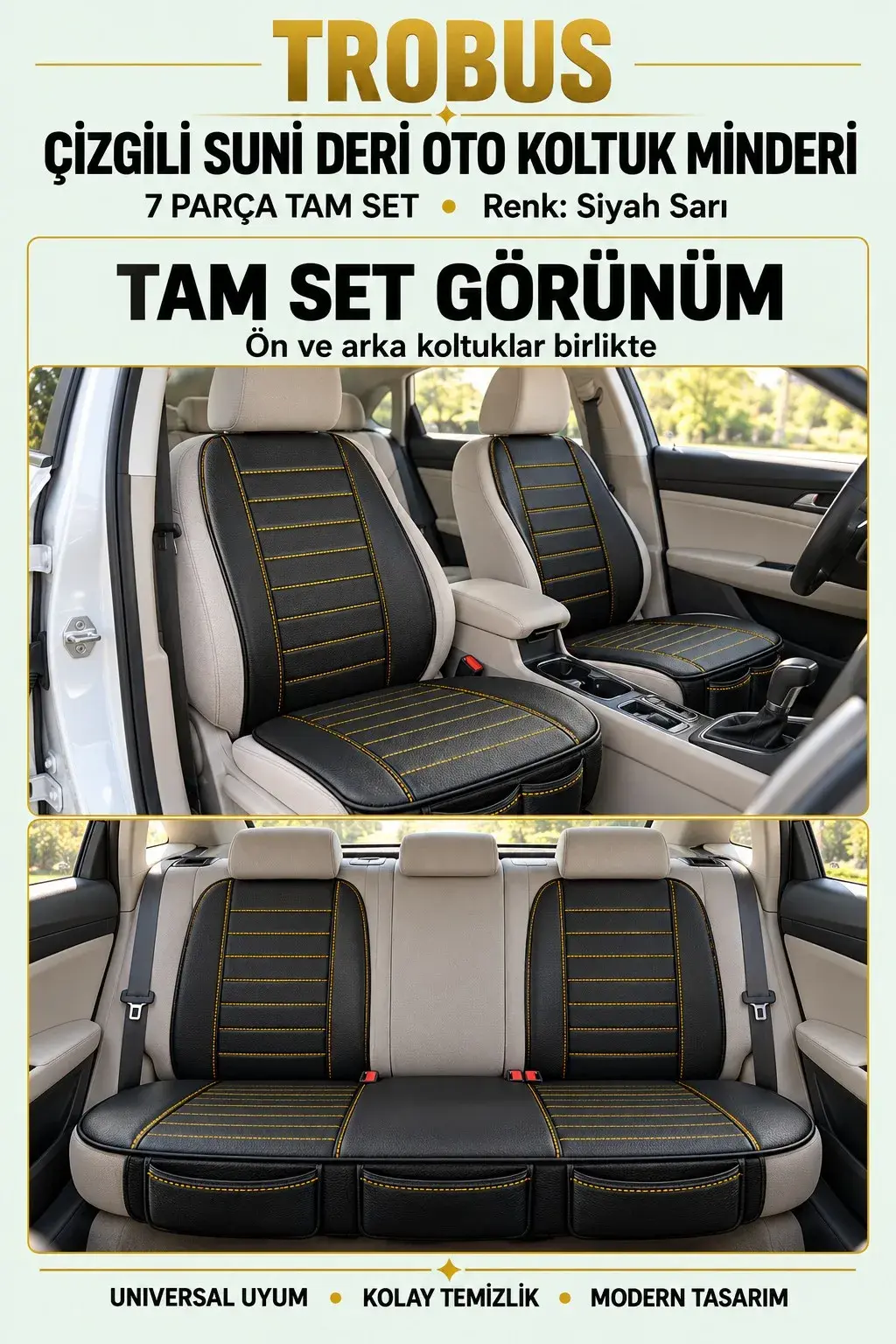 Üniversal Çizgili Suni Deri Su Geçirmez Oto Koltuk Minderi 7 Parça Tam Set Siyah Sarı