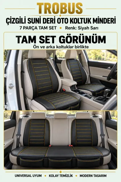 Üniversal Çizgili Suni Deri Su Geçirmez Oto Koltuk Minderi 7 Parça Tam Set Siyah Sarı