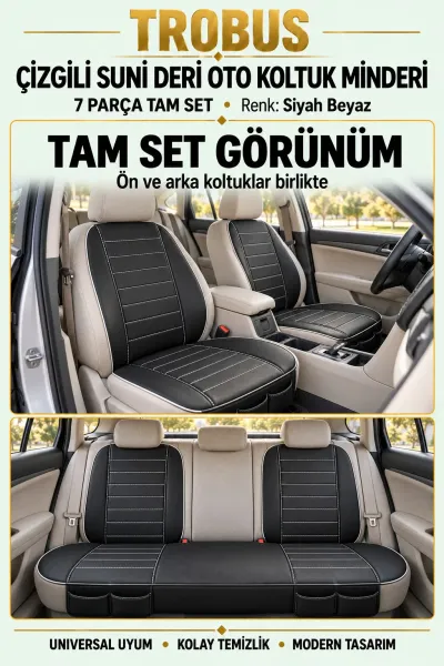 Üniversal Çizgili Suni Deri Su Geçirmez Oto Koltuk Minderi 7 Parça Tam Set Siyah Beyaz