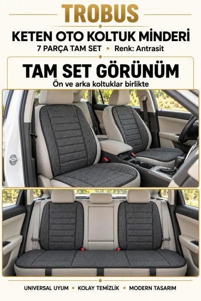Üniversal Su Geçirmez Keten Oto Koltuk Minderi 7 Parça Tam Set Antrasit