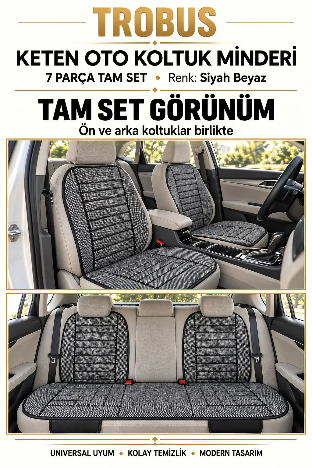 Üniversal Su Geçirmez Keten Oto Koltuk Minderi 7 Parça Tam Set Siyah Beyaz
