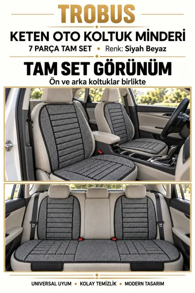 Üniversal Su Geçirmez Keten Oto Koltuk Minderi 7 Parça Tam Set Siyah Beyaz