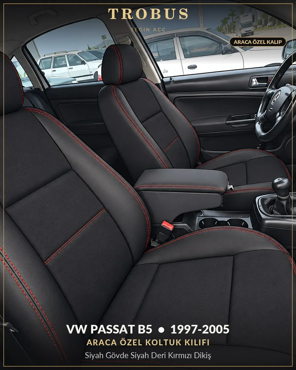 Volkswagen Passat B5 1997-2005 Araca Özel Koltuk Kılıfı Siyah Gövde Siyah Deri Kırmızı Dikiş (1)