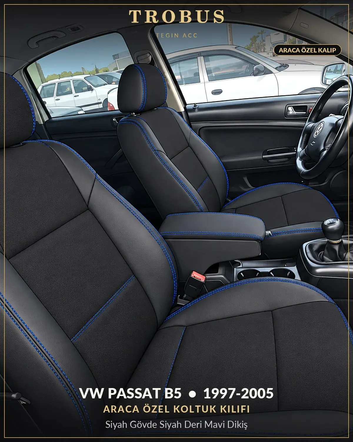 Volkswagen Passat B5 1997-2005 Araca Özel Koltuk Kılıfı Siyah Gövde Siyah Deri Mavi Dikiş (1)