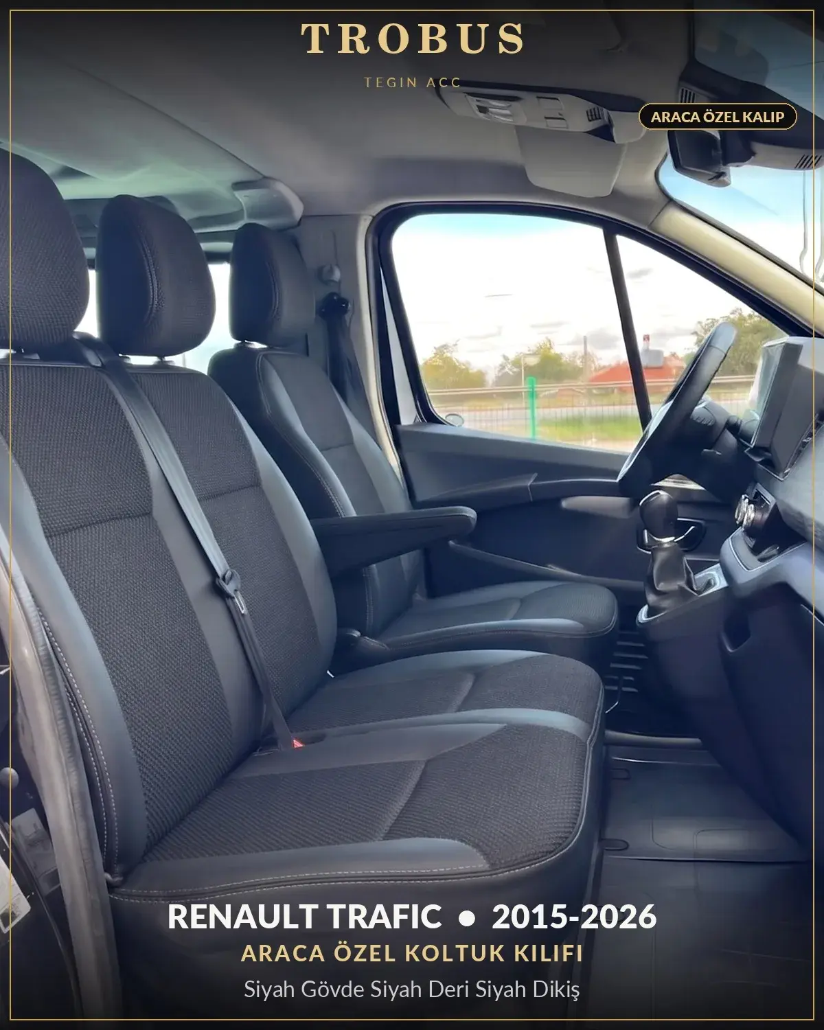 Renault Trafic 2015-2026 Araca Özel Koltuk Kılıfı Siyah Gövde Siyah Deri Siyah Dikiş (1)