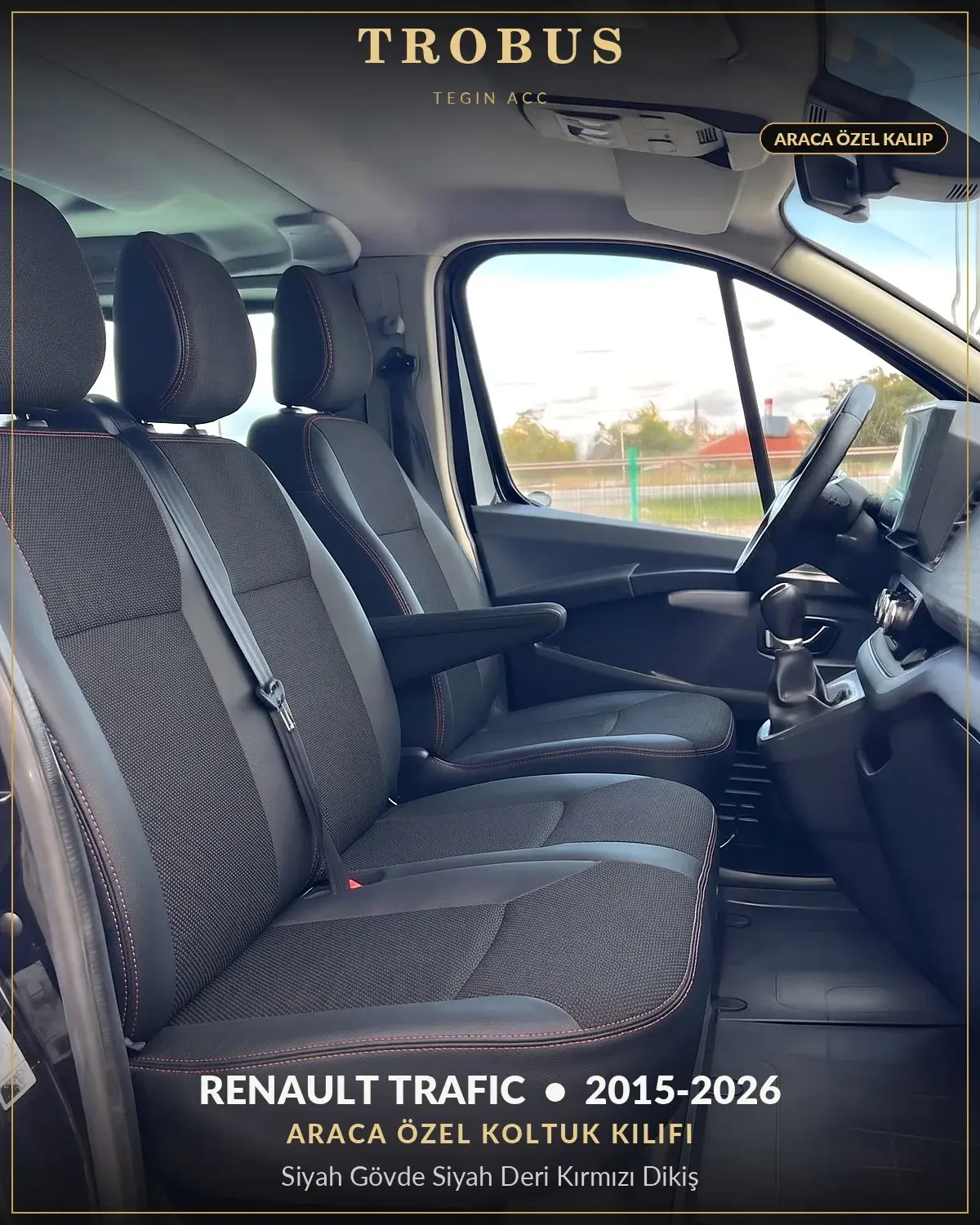 Renault Trafic 2015-2026 Araca Özel Koltuk Kılıfı Siyah Gövde Siyah Deri Kırmızı Dikiş (1)