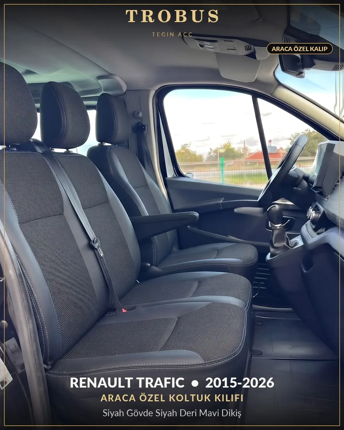Renault Trafic 2015-2026 Araca Özel Koltuk Kılıfı Siyah Gövde Siyah Deri Mavi Dikiş (1)