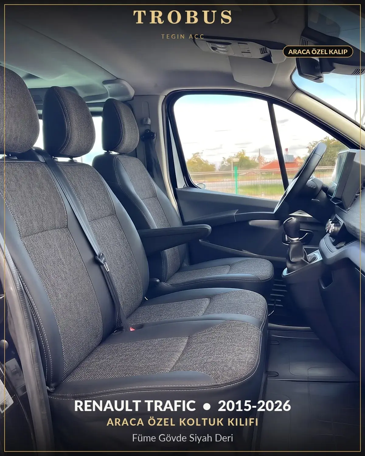 Renault Trafic 2015-2026 Araca Özel Koltuk Kılıfı Füme Gövde Siyah Deri (1)