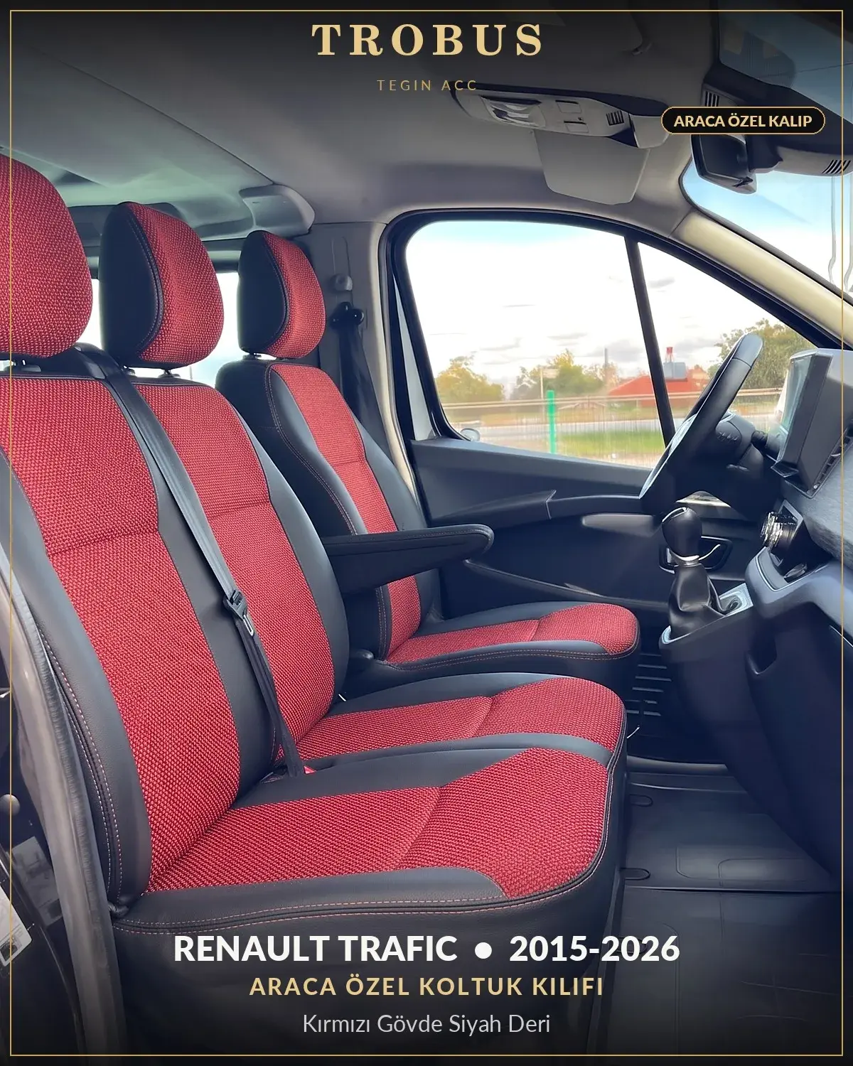 Renault Trafic 2015-2026 Araca Özel Koltuk Kılıfı Kırmızı Gövde Siyah Deri (1)