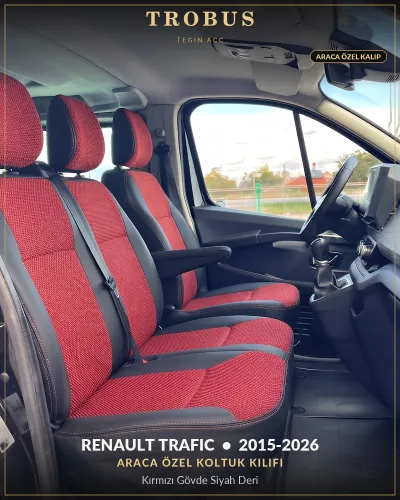 Renault Trafic 2015-2026 Araca Özel Koltuk Kılıfı Kırmızı Gövde Siyah Deri