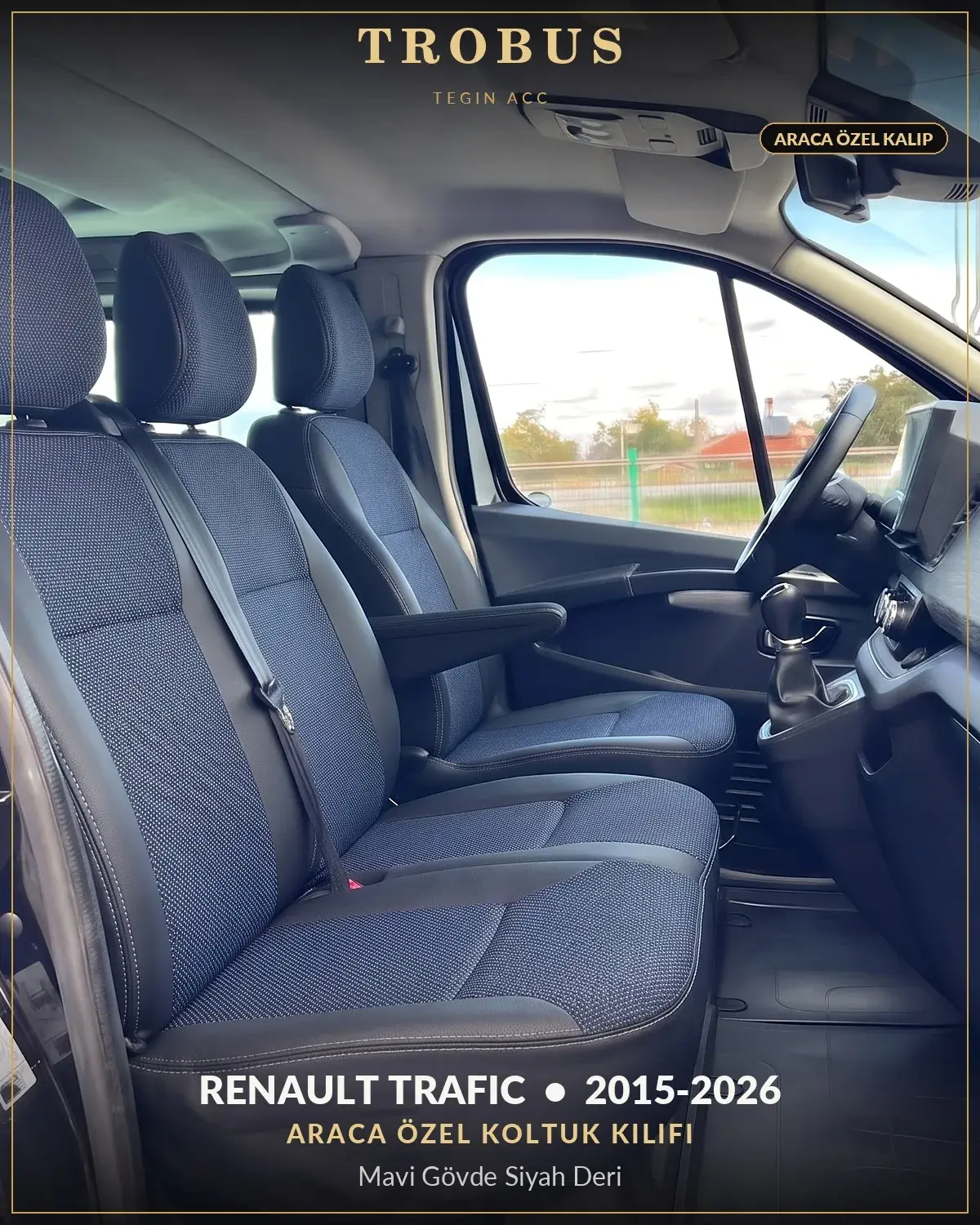 Renault Trafic 2015-2026 Araca Özel Koltuk Kılıfı Mavi Gövde Siyah Deri (1)