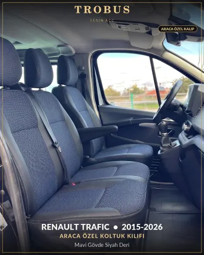 Renault Trafic 2015-2026 Araca Özel Koltuk Kılıfı Mavi Gövde Siyah Deri
