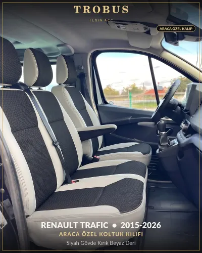 Renault Trafic 2015-2026 Araca Özel Koltuk Kılıfı Siyah Gövde Kırık Beyaz Deri