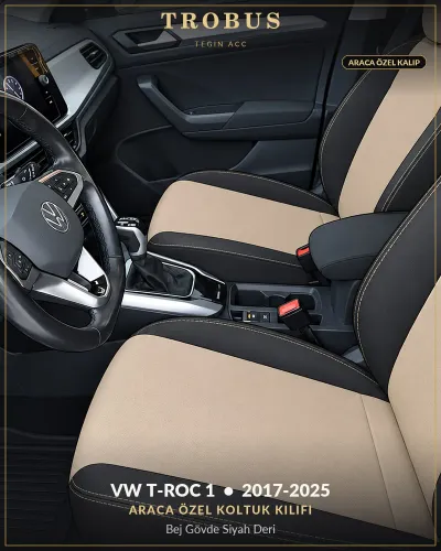 Volkswagen T-Roc 1 2017-2025 Araca Özel Koltuk Kılıfı Bej Gövde Siyah Deri