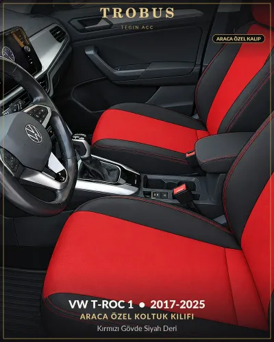 Volkswagen T-Roc 1 2017-2025 Araca Özel Koltuk Kılıfı Kırmızı Gövde Siyah Deri