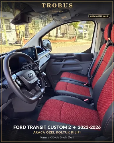 Ford Transit Custom 2 2023-2026 Araca Özel Koltuk Kılıfı Kırmızı Gövde Siyah Deri