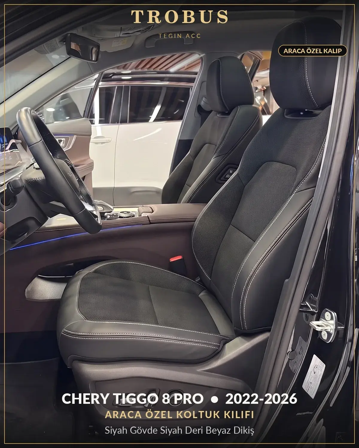 Chery Tiggo 8 Pro 2022-2026 Araca Özel Koltuk Kılıfı Siyah Gövde Siyah Deri Beyaz Dikiş (1)