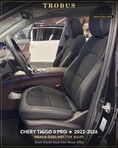 Chery Tiggo 8 Pro 2022-2026 Araca Özel Koltuk Kılıfı Siyah Gövde Siyah Deri Beyaz Dikiş