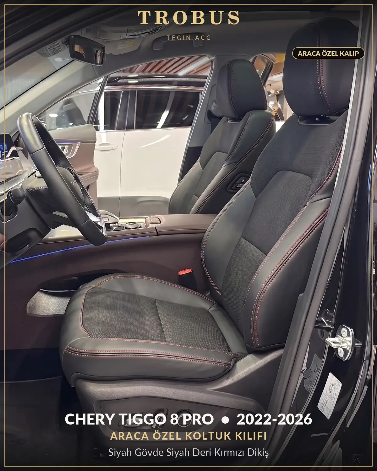 Chery Tiggo 8 Pro 2022-2026 Araca Özel Koltuk Kılıfı Siyah Gövde Siyah Deri Kırmızı Dikiş (1)