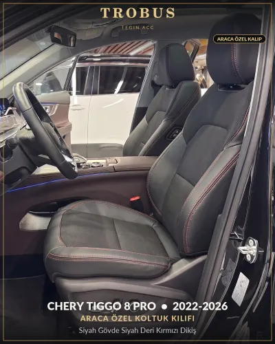 Chery Tiggo 8 Pro 2022-2026 Araca Özel Koltuk Kılıfı Siyah Gövde Siyah Deri Kırmızı Dikiş