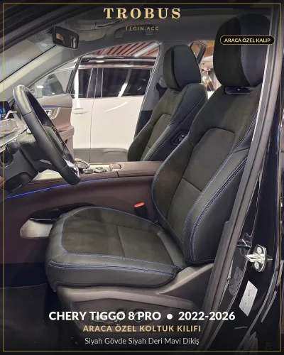 Chery Tiggo 8 Pro 2022-2026 Araca Özel Koltuk Kılıfı Siyah Gövde Siyah Deri Mavi Dikiş