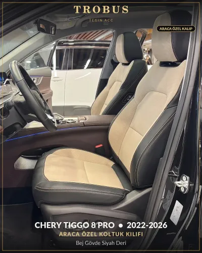 Chery Tiggo 8 Pro 2022-2026 Araca Özel Koltuk Kılıfı Bej Gövde Siyah Deri