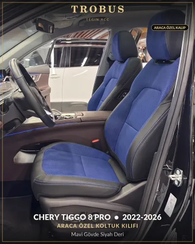 Chery Tiggo 8 Pro 2022-2026 Araca Özel Koltuk Kılıfı Mavi Gövde Siyah Deri