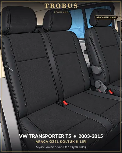 Volkswagen Transporter T5 2003-2015 Araca Özel Koltuk Kılıfı Siyah Gövde Siyah Deri Siyah Dikiş
