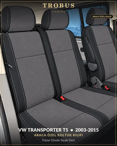 Volkswagen Transporter T5 2003-2015 Araca Özel Koltuk Kılıfı Füme Gövde Siyah Deri