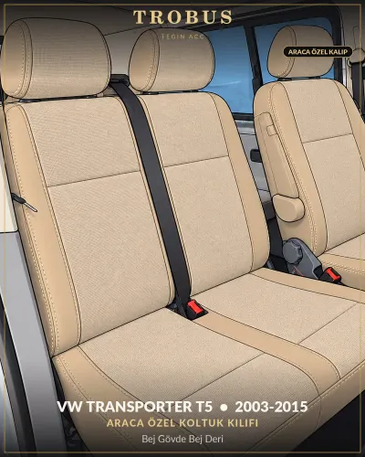 Volkswagen Transporter T5 2003-2015 Araca Özel Koltuk Kılıfı Bej Gövde Bej Deri