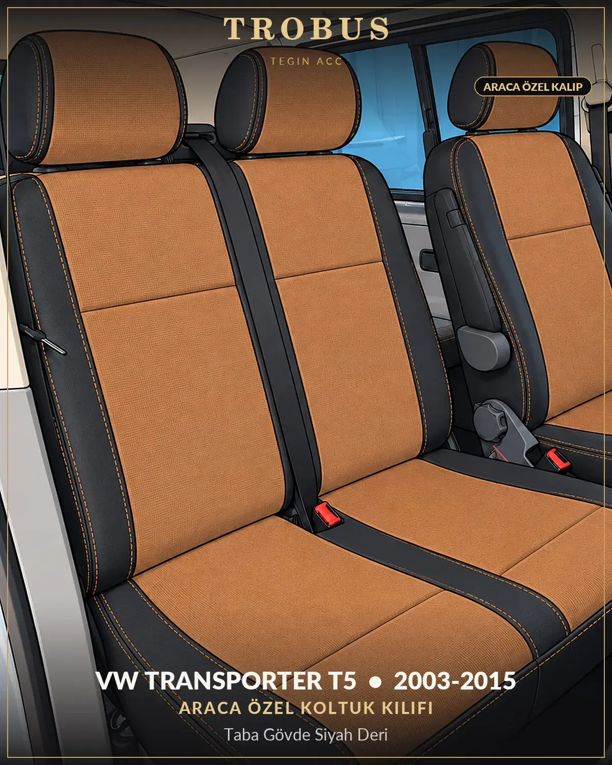 Volkswagen Transporter T5 2003-2015 Araca Özel Koltuk Kılıfı Taba Gövde Siyah Deri (1)