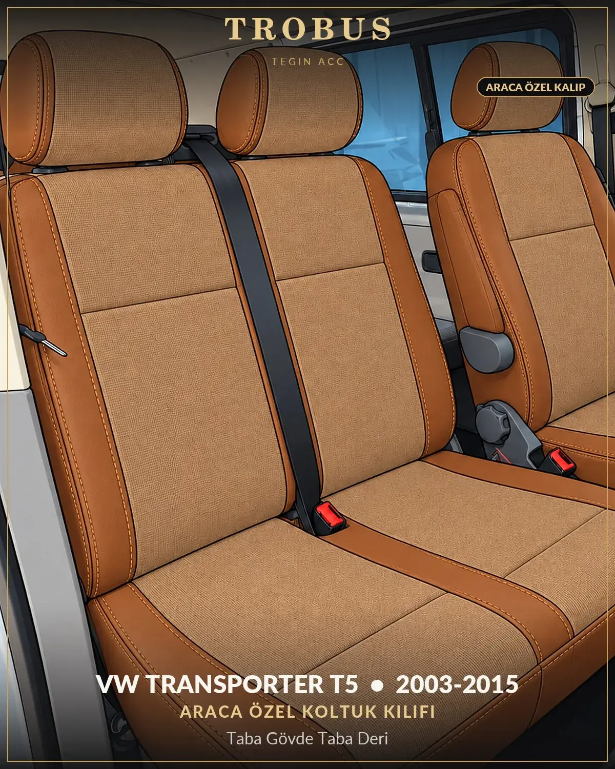 Volkswagen Transporter T5 2003-2015 Araca Özel Koltuk Kılıfı Taba Gövde Taba Deri (1)