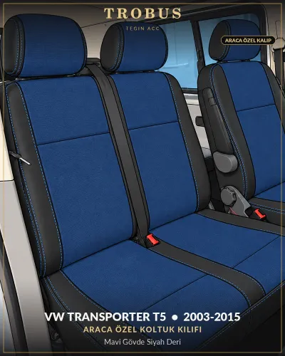 Volkswagen Transporter T5 2003-2015 Araca Özel Koltuk Kılıfı Mavi Gövde Siyah Deri