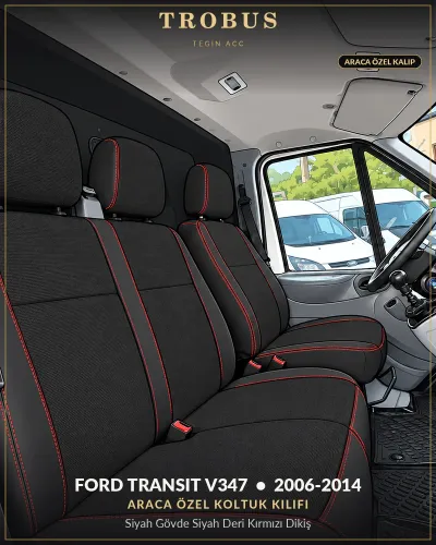 Ford Transit V347 2006-2014 Araca Özel Koltuk Kılıfı Siyah Gövde Siyah Deri Kırmızı Dikiş