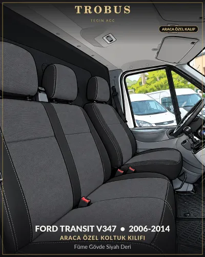 Ford Transit V347 2006-2014 Araca Özel Koltuk Kılıfı Füme Gövde Siyah Deri