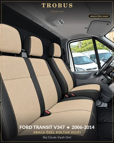 Ford Transit V347 2006-2014 Araca Özel Koltuk Kılıfı Bej Gövde Siyah Deri