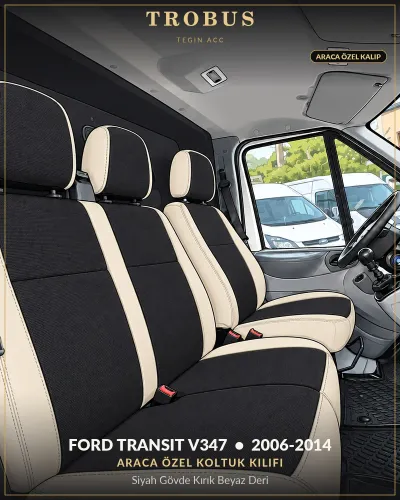 Ford Transit V347 2006-2014 Araca Özel Koltuk Kılıfı Siyah Gövde Kırık Beyaz Deri