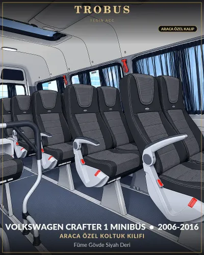 Volkswagen Crafter 1 2006-2016 Minibüs Araca Özel Koltuk Kılıfı Füme Gövde Siyah Deri