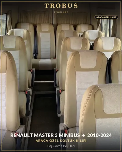 Renault Master 3 2010-2024 Minibüs Araca Özel Koltuk Kılıfı Bej Gövde Bej Deri