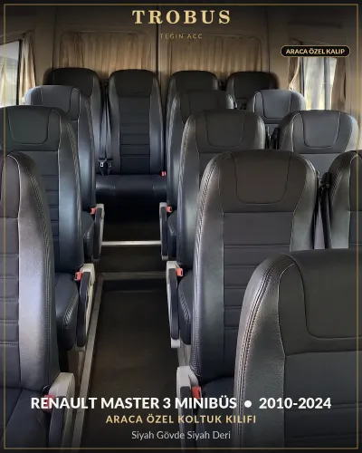 Renault Master 3 2010-2024 Minibüs Araca Özel Koltuk Kılıfı Siyah Gövde Siyah Deri