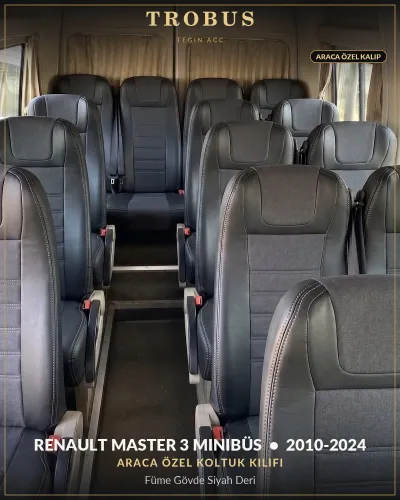 Renault Master 3 2010-2024 Minibüs Araca Özel Koltuk Kılıfı Füme Gövde Siyah Deri