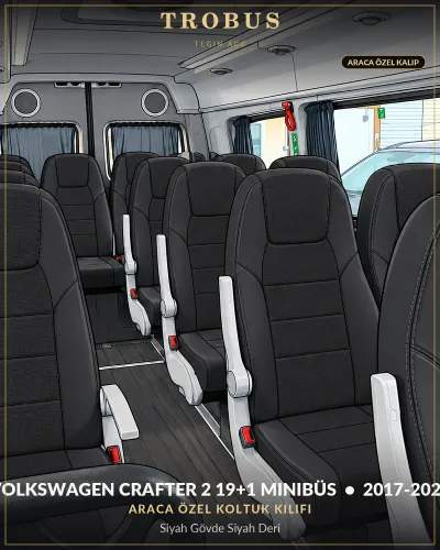 Volkswagen Crafter 2 2017-2026 19+1 Minibüs Araca Özel Koltuk Kılıfı Siyah Gövde Siyah Deri